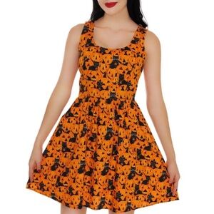 Retrolicious NWT Halloween Pumpkin Black Cat Print Dress